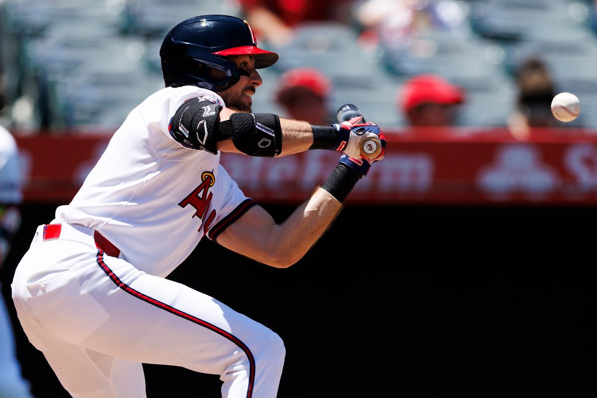 Josh Lowe #3 of the Los Angeles Angels bunts during the game against the Detroit Tigers at Angel Stadium of Anaheim on July 19, 2026 in Anaheim, California. Josh Lowe #3 of the Los Angeles Angels bunts during the game against the Detroit Tigers at Angel Stadium of Anaheim on July 19, 2026 in Anaheim, California.