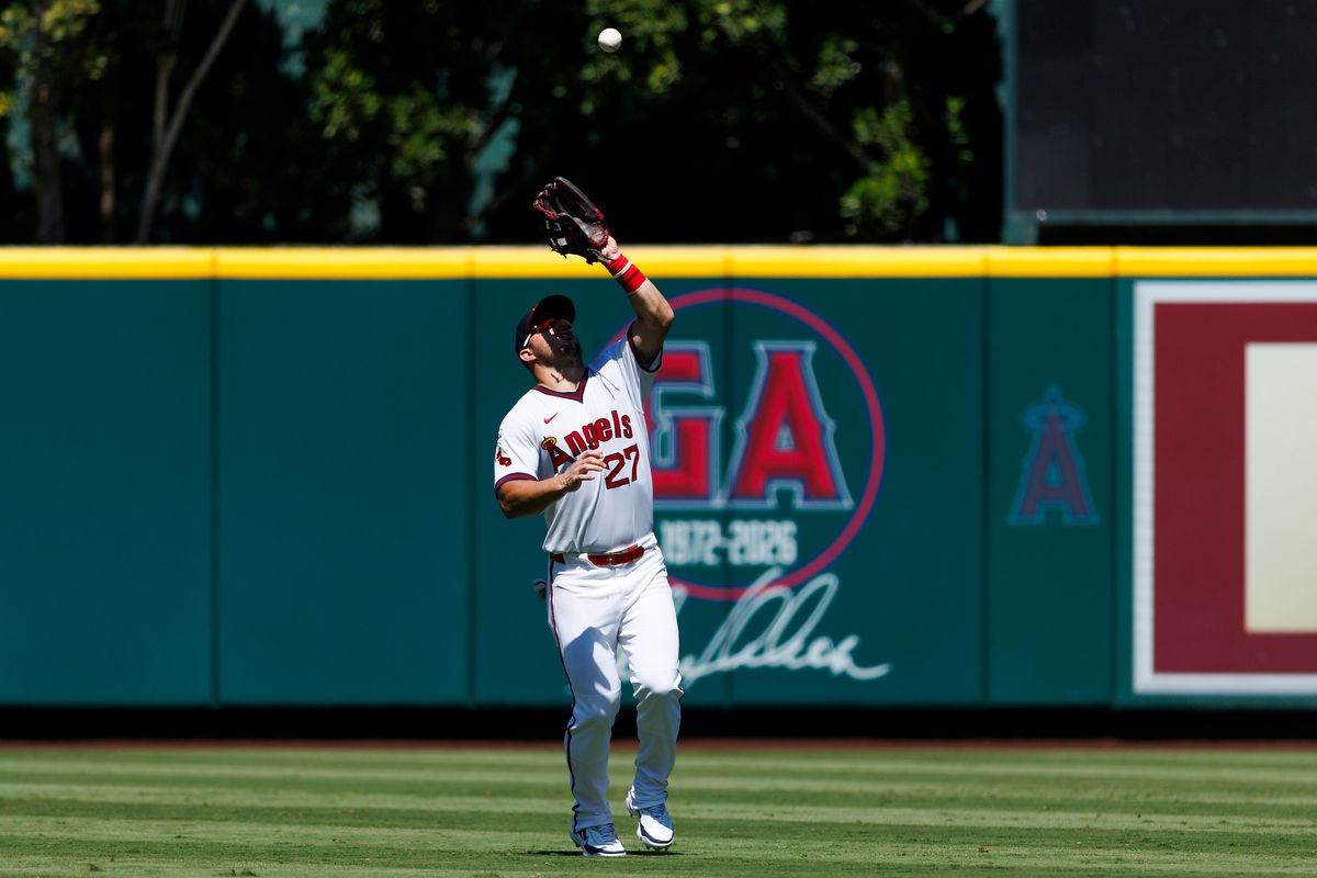 Mike Trout #27 of the Los Angeles Angels catches a fly ball during the game against the Detroit Tigers at Angel Stadium of Anaheim on July 19, 2026 in Anaheim, California. Mike Trout #27 of the Los Angeles Angels catches a fly ball during the game against the Detroit Tigers at Angel Stadium of Anaheim on July 19, 2026 in Anaheim, California.