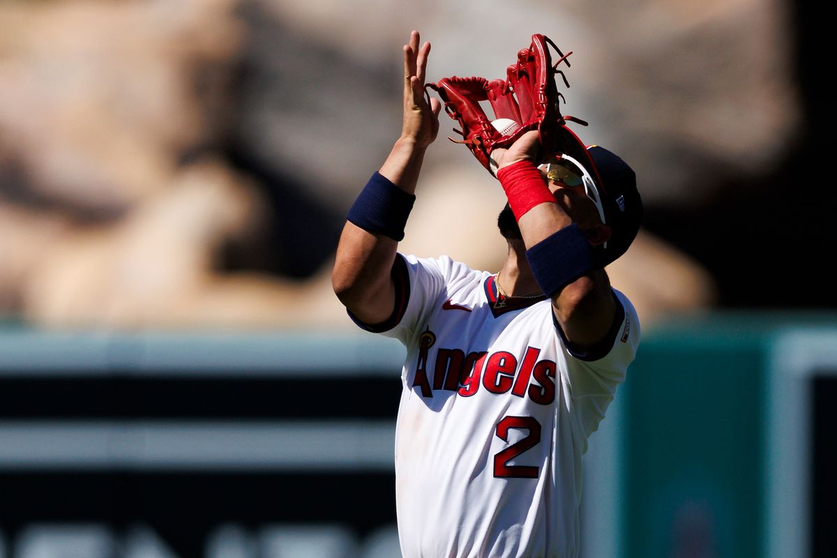 Oswald Peraza #2 of the Los Angeles Angels catches a fly ball during the game against the Detroit Tigers at Angel Stadium of Anaheim on July 19, 2026 in Anaheim, California. Oswald Peraza #2 of the Los Angeles Angels catches a fly ball during the game against the Detroit Tigers at Angel Stadium of Anaheim on July 19, 2026 in Anaheim, California.