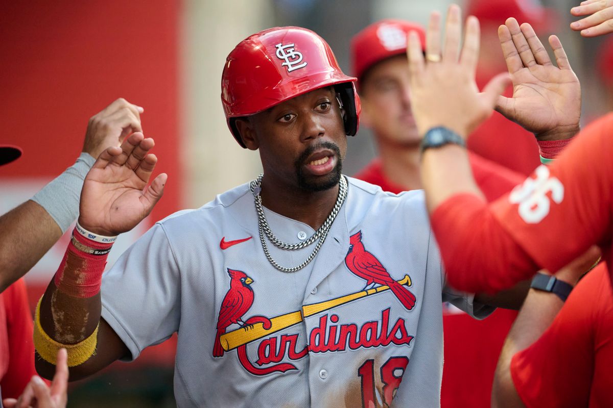 The St. Louis Cardinals Jordan Walker #18 celebrates a run during an MLB game against The Los Angeles Angels  on July 20th, 2026 at Angel Stadium in Anaheim, California.