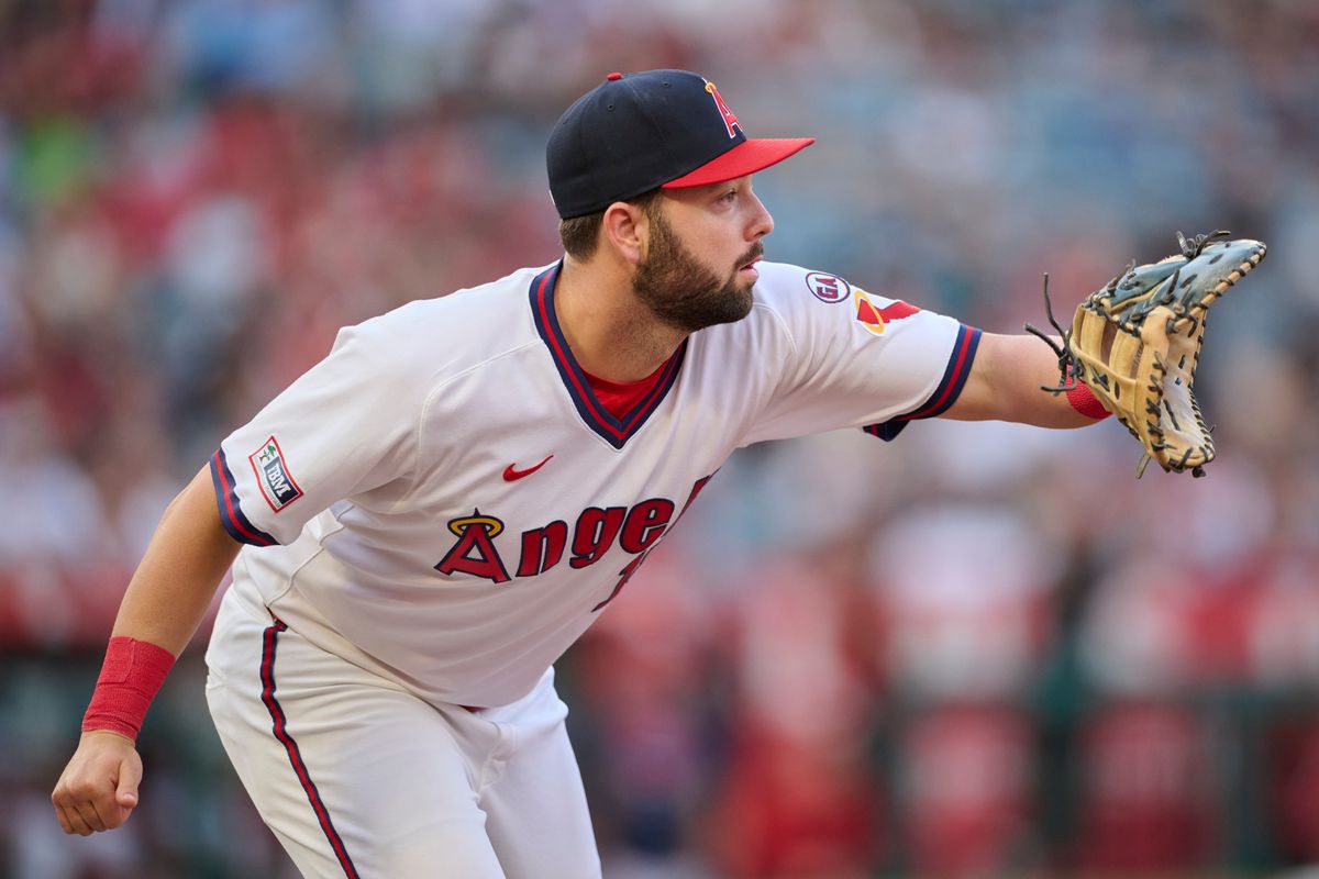 The Los Angeles Angels Nolan Schanuel #18 catches at first during an MLB game against The  St. Louis Cardinals on July 20th, 2026 at Angel Stadium in Anaheim, California.