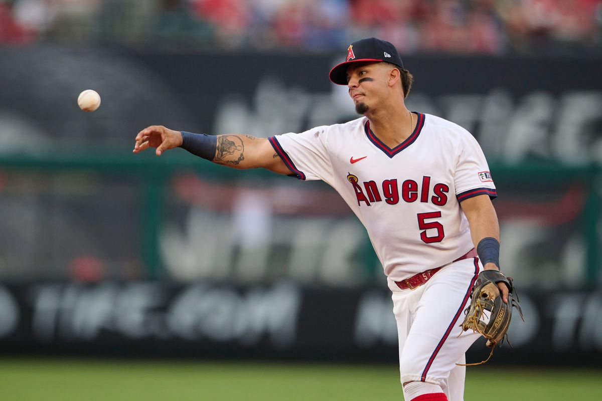 The Los Angeles Angels Vaughn Grissom #5 throws the ball during an MLB game against The  St. Louis Cardinals on July 20th, 2026 at Angel Stadium in Anaheim, California.