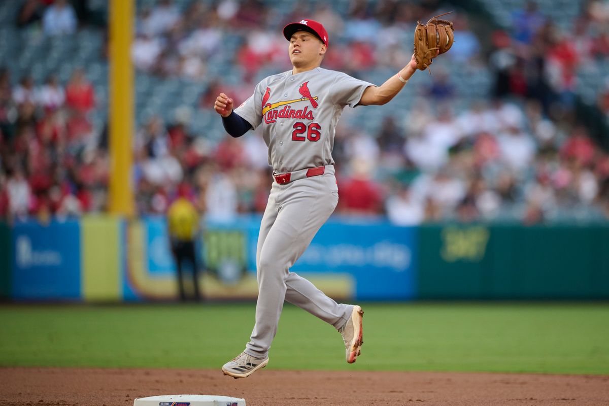 The St. Louis Cardinals JJ Wetherholt #26 catches the ball during an MLB game against The Los Angeles Angels  on July 20th, 2026 at Angel Stadium in Anaheim, California.