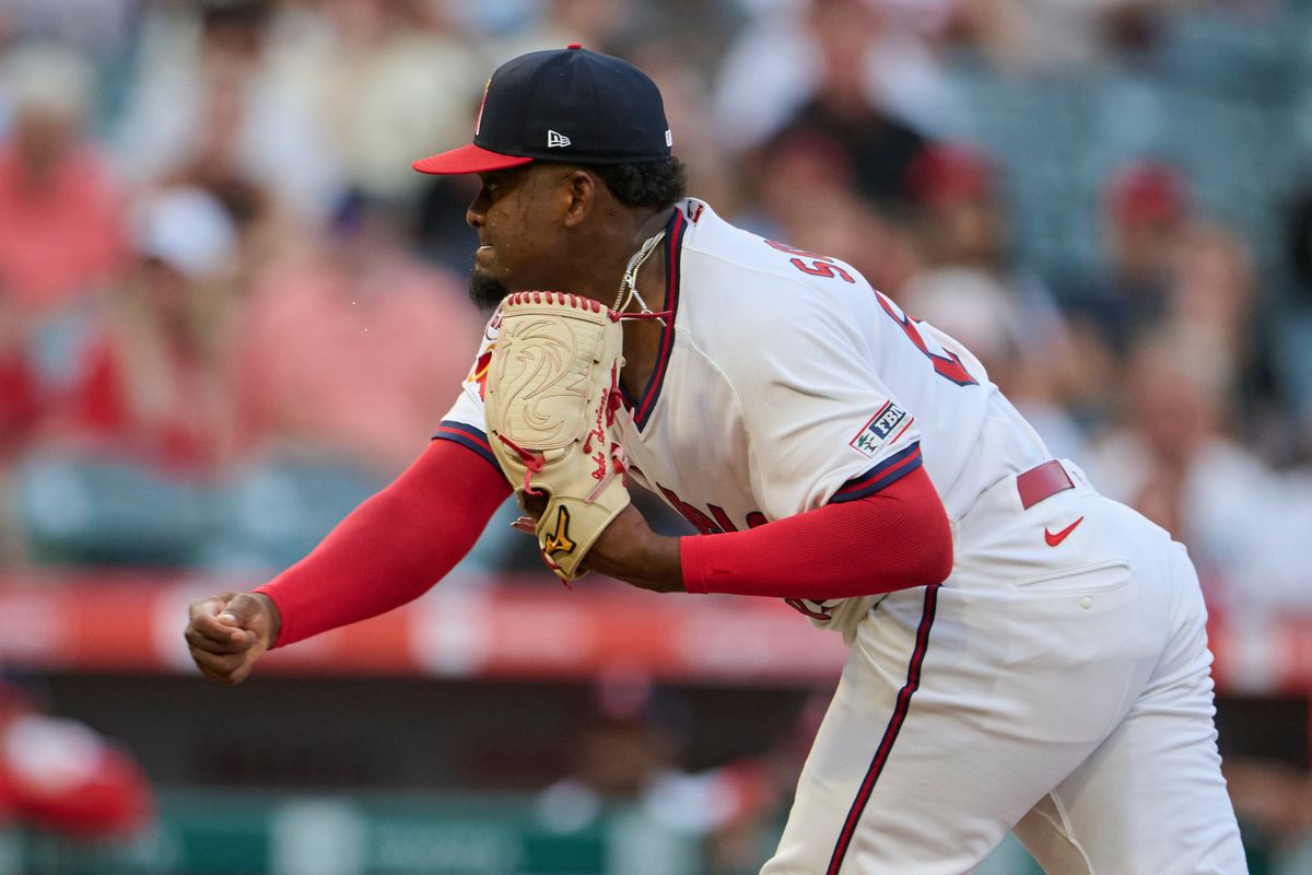 The Los Angeles Angels José Soriano #59 pitches during an MLB game against The  St. Louis Cardinals on July 20th, 2026 at Angel Stadium in Anaheim, California.
