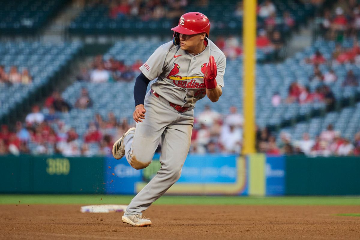 The St. Louis Cardinals JJ Wetherholt #26 runs to third during an MLB game against The Los Angeles Angels  on July 20th, 2026 at Angel Stadium in Anaheim, California.