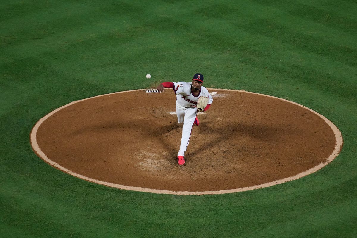 The Los Angeles Angels José Soriano #59 pitches during an MLB game against The  St. Louis Cardinals on July 20th, 2026 at Angel Stadium in Anaheim, California.