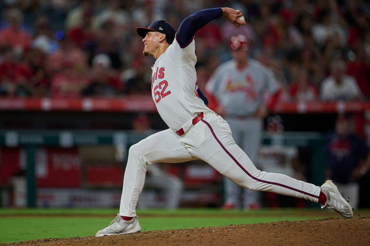 The Los Angeles Angels Samy Natera Jr. #52 pitches during an MLB game against The  St. Louis Cardinals on July 20th, 2026 at Angel Stadium in Anaheim, California.
