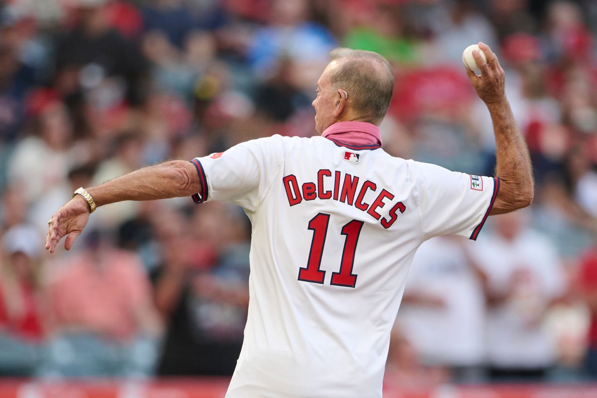 The Los Angeles Angels alumnus Doug DeCinces #11 throws the first pitch during an MLB game against The  St. Louis Cardinals on July 20th, 2026 at Angel Stadium in Anaheim, California.