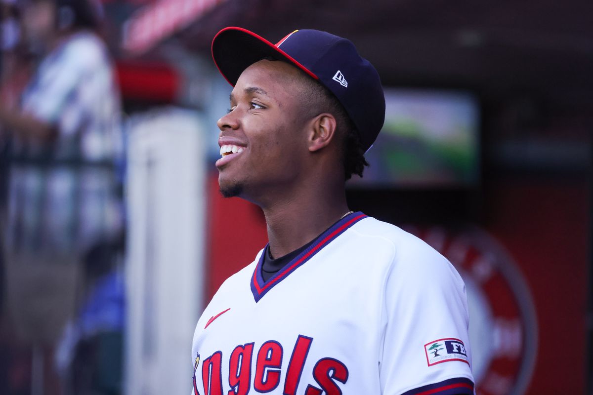 Los Angeles Angels infielder Denzer Guzman (23) smiles in the dugout during the MLB game against the St. Louis Cardinals Tuesday July 21st, 2026 at Angel Stadium in Anaheim, Calif. Los Angeles Angels infielder Denzer Guzman (23) smiles in the dugout during the MLB game against the St. Louis Cardinals Tuesday July 21st, 2026 at Angel Stadium in Anaheim, Calif.