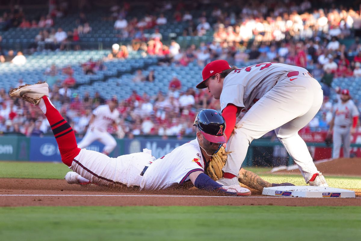 Los Angeles Angels infielder Zach Neto (9) dives into third base during the MLB game against the St. Louis Cardinals Tuesday July 21st, 2026 at Angel Stadium in Anaheim, Calif. Los Angeles Angels infielder Zach Neto (9) dives into third base during the MLB game against the St. Louis Cardinals Tuesday July 21st, 2026 at Angel Stadium in Anaheim, Calif.
