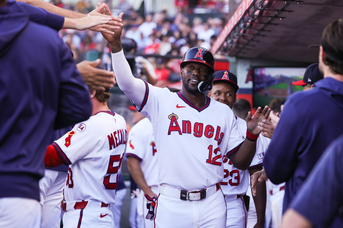 Los Angeles Angels designated hitter Jorge Soler (12) celebrates in the dugout during the MLB game against the St. Louis Cardinals Tuesday July 21st, 2026 at Angel Stadium in Anaheim, Calif. Los Angeles Angels designated hitter Jorge Soler (12) celebrates in the dugout during the MLB game against the St. Louis Cardinals Tuesday July 21st, 2026 at Angel Stadium in Anaheim, Calif.