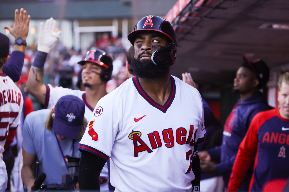 Los Angeles Angels outfielder Jo Adell (7) winks in the dugout during the MLB game against the St. Louis Cardinals Tuesday July 21st, 2026 at Angel Stadium in Anaheim, Calif. Los Angeles Angels outfielder Jo Adell (7) winks in the dugout during the MLB game against the St. Louis Cardinals Tuesday July 21st, 2026 at Angel Stadium in Anaheim, Calif.