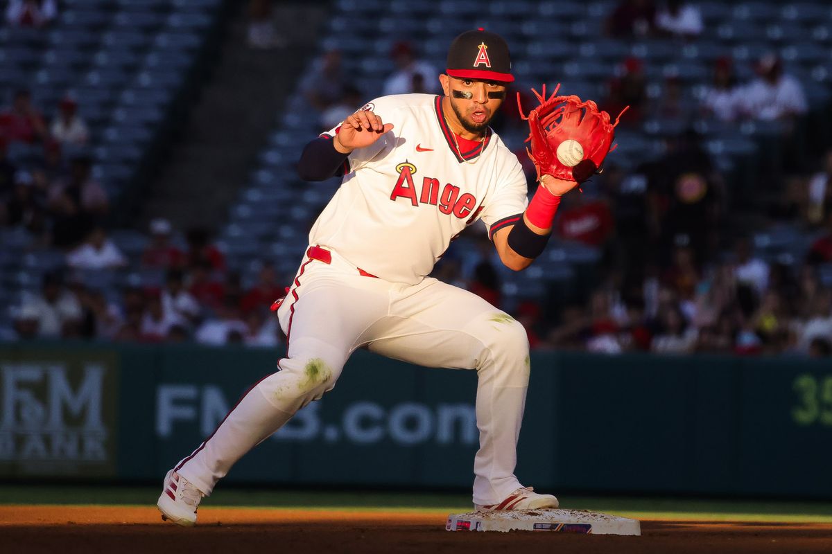 Los Angeles Angels infielder Oswald Peraza (2) catches the ball during the MLB game against the St. Louis Cardinals Tuesday July 21st, 2026 at Angel Stadium in Anaheim, Calif. Los Angeles Angels infielder Oswald Peraza (2) catches the ball during the MLB game against the St. Louis Cardinals Tuesday July 21st, 2026 at Angel Stadium in Anaheim, Calif.