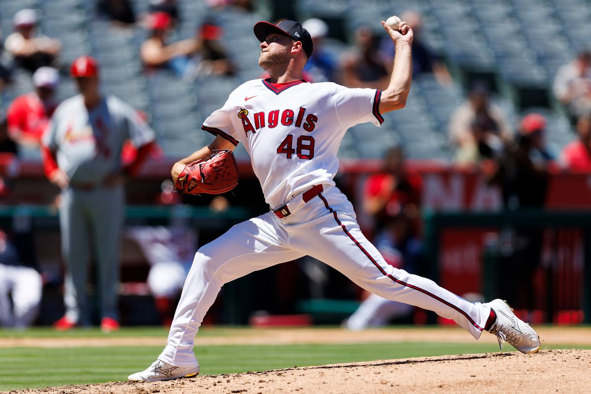 Reid Detmers #48 of the Los Angeles Angels pitches during the game against the St. Louis Cardinals at Angel Stadium of Anaheim on July 22, 2026 in Anaheim, California. Reid Detmers #48 of the Los Angeles Angels pitches during the game against the St. Louis Cardinals at Angel Stadium of Anaheim on July 22, 2026 in Anaheim, California.
