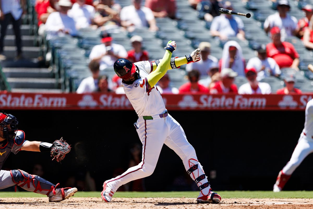 Jo Adell #7 of the Los Angeles Angels loses his bat during the game against the St. Louis Cardinals at Angel Stadium of Anaheim on July 22, 2026 in Anaheim, California. Jo Adell #7 of the Los Angeles Angels loses his bat during the game against the St. Louis Cardinals at Angel Stadium of Anaheim on July 22, 2026 in Anaheim, California.