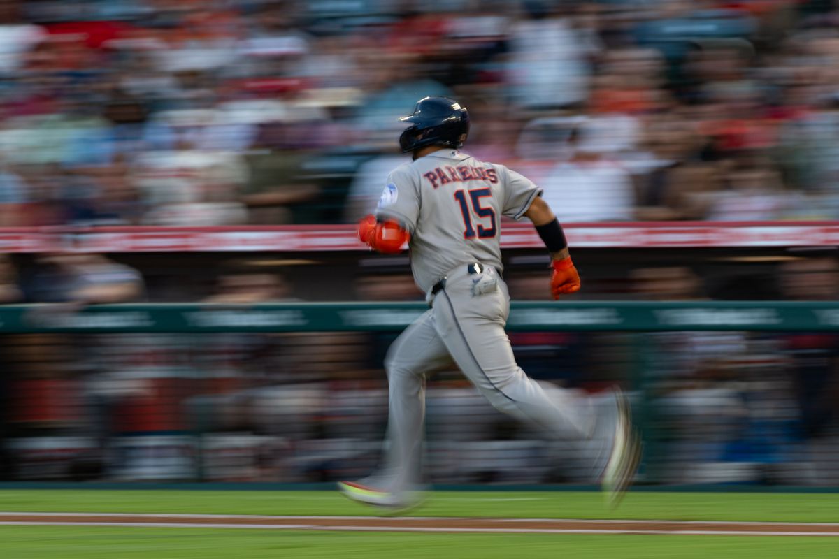 Houston Astros 3rd baseman Isaac Paredes (15) runs to first base during a game between the Houston Astros and the Los Angeles Angels on Monday, July 27, 2026 at Angels Stadium in Anaheim Calif. Houston Astros 3rd baseman Isaac Paredes (15) runs to first base during a game between the Houston Astros and the Los Angeles Angels on Monday, July 27, 2026 at Angels Stadium in Anaheim Calif.