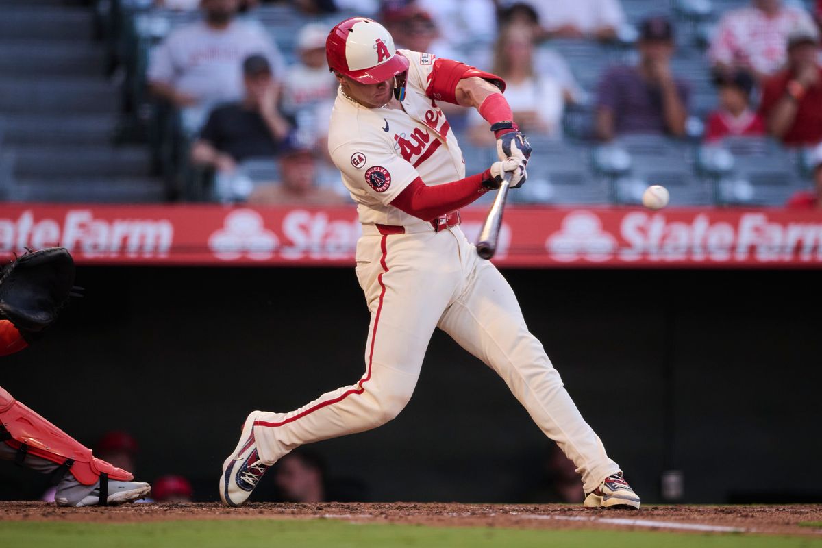 The Los Angeles Angels Logan O'Hoppe #14 bats during an MLB game against The Houston Astros on July 28th, 2026 at Angel Stadium in Anaheim, California. The Los Angeles Angels Logan O'Hoppe #14 bats during an MLB game against The Houston Astros on July 28th, 2026 at Angel Stadium in Anaheim, California.