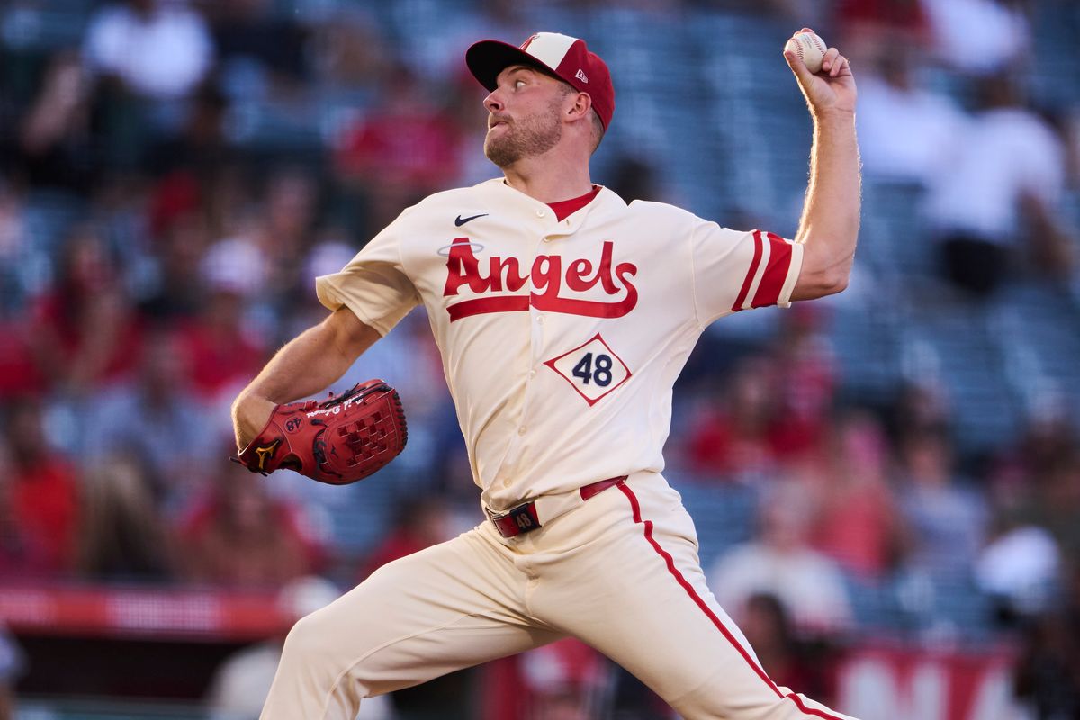 The Los Angeles Angels Reid Detmers #48 pitches during an MLB game against The Houston Astros on July 28th, 2026 at Angel Stadium in Anaheim, California. The Los Angeles Angels Reid Detmers #48 pitches during an MLB game against The Houston Astros on July 28th, 2026 at Angel Stadium in Anaheim, California.