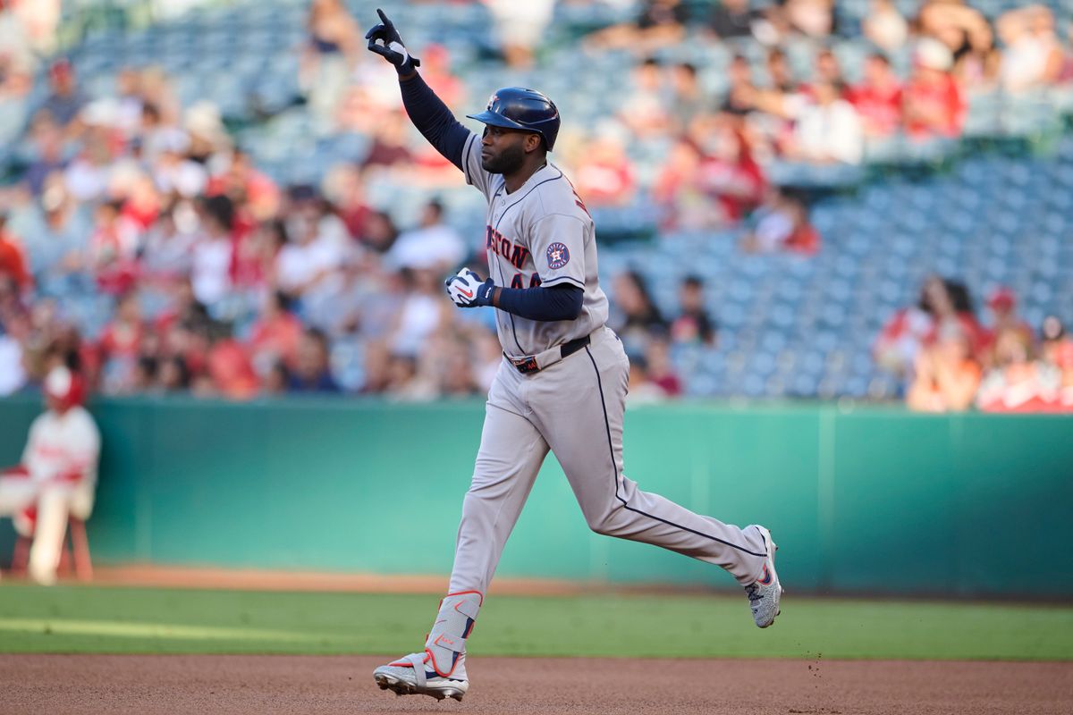 The Houston Astros Yordan Alvarez #44 hits a home run during an MLB game against The Los Angeles Angels on July 28th, 2026 at Angel Stadium in Anaheim, California. The Houston Astros Yordan Alvarez #44 hits a home run during an MLB game against The Los Angeles Angels on July 28th, 2026 at Angel Stadium in Anaheim, California.