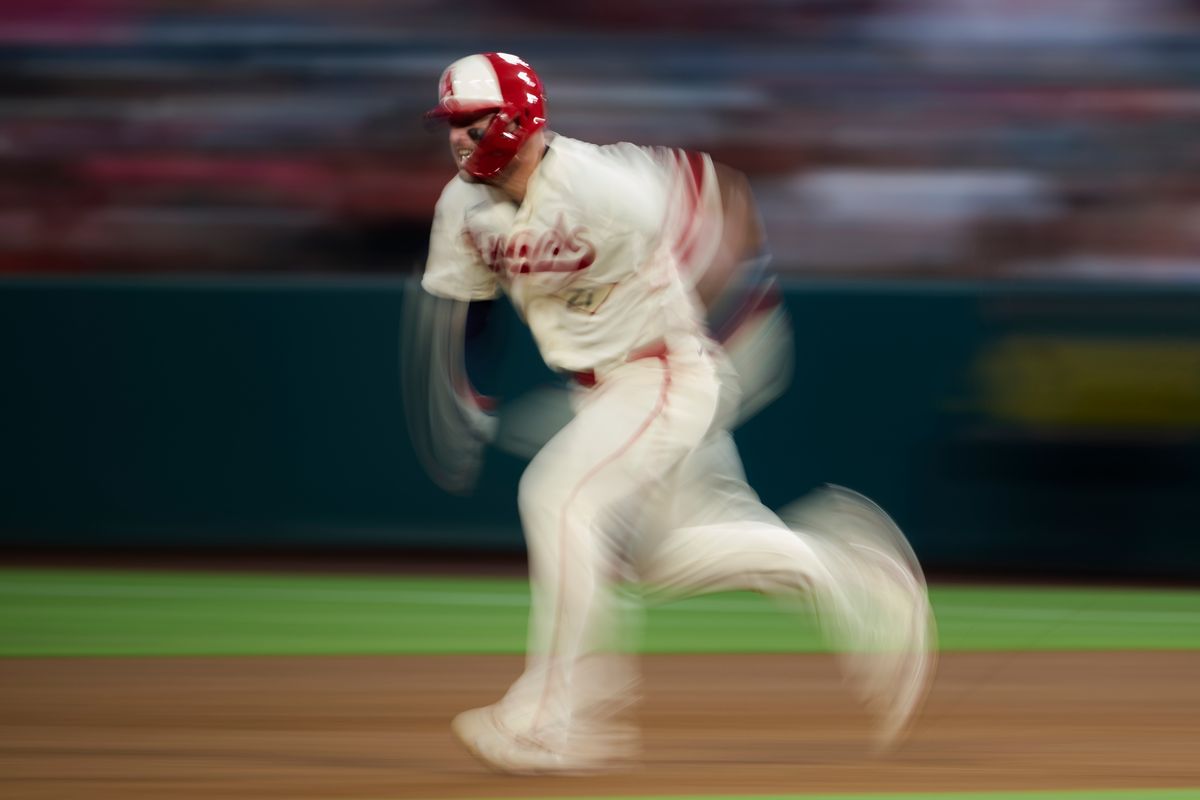 The Los Angeles Angels Mike Trout #27 runs to second during an MLB game against The Houston Astros on July 28th, 2026 at Angel Stadium in Anaheim, California. The Los Angeles Angels Mike Trout #27 runs to second during an MLB game against The Houston Astros on July 28th, 2026 at Angel Stadium in Anaheim, California.