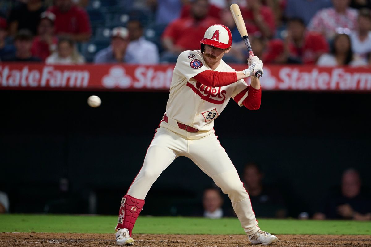 The Los Angeles Angels Wade Meckler #53 bats during an MLB game against The Houston Astros on July 28th, 2026 at Angel Stadium in Anaheim, California. The Los Angeles Angels Wade Meckler #53 bats during an MLB game against The Houston Astros on July 28th, 2026 at Angel Stadium in Anaheim, California.