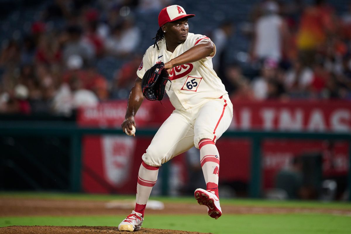 The Los Angeles Angels José Fermin #65 pitches during an MLB game against The Houston Astros on July 28th, 2026 at Angel Stadium in Anaheim, California. The Los Angeles Angels José Fermin #65 pitches during an MLB game against The Houston Astros on July 28th, 2026 at Angel Stadium in Anaheim, California.