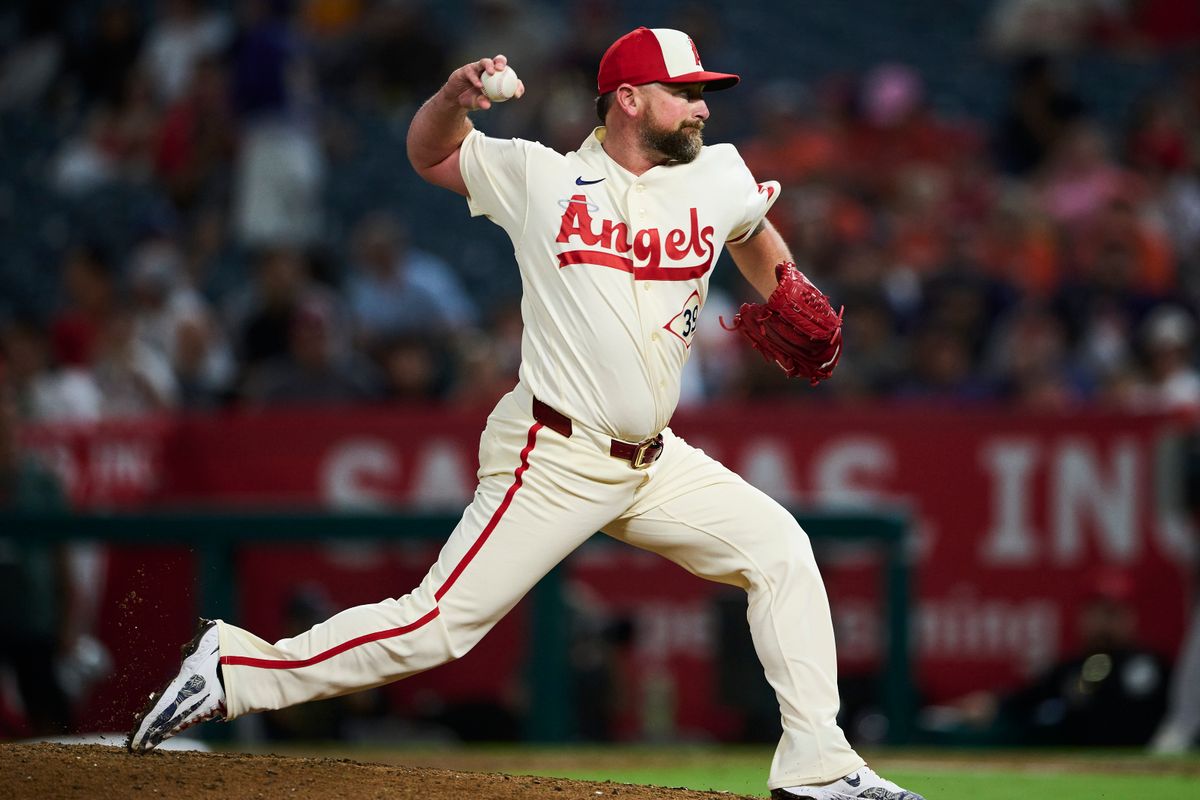 The Los Angeles Angels Kirby Yates #39 pitches during an MLB game against The Houston Astros on July 28th, 2026 at Angel Stadium in Anaheim, California. The Los Angeles Angels Kirby Yates #39 pitches during an MLB game against The Houston Astros on July 28th, 2026 at Angel Stadium in Anaheim, California.