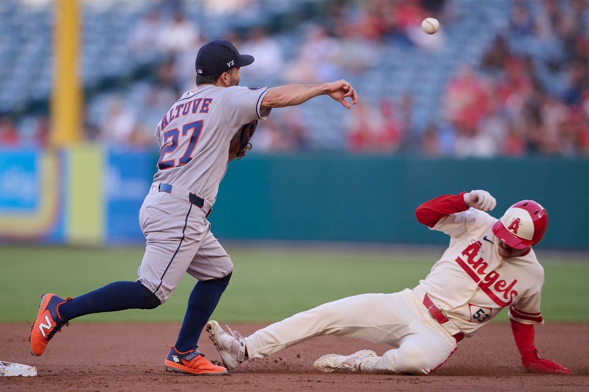 The Los Angeles Angels Wade Meckler #53 slides into second base during an MLB game against The Houston Astros on July 29th, 2026 at Angel Stadium in Anaheim, California. The Los Angeles Angels Wade Meckler #53 slides into second base during an MLB game against The Houston Astros on July 29th, 2026 at Angel Stadium in Anaheim, California.
