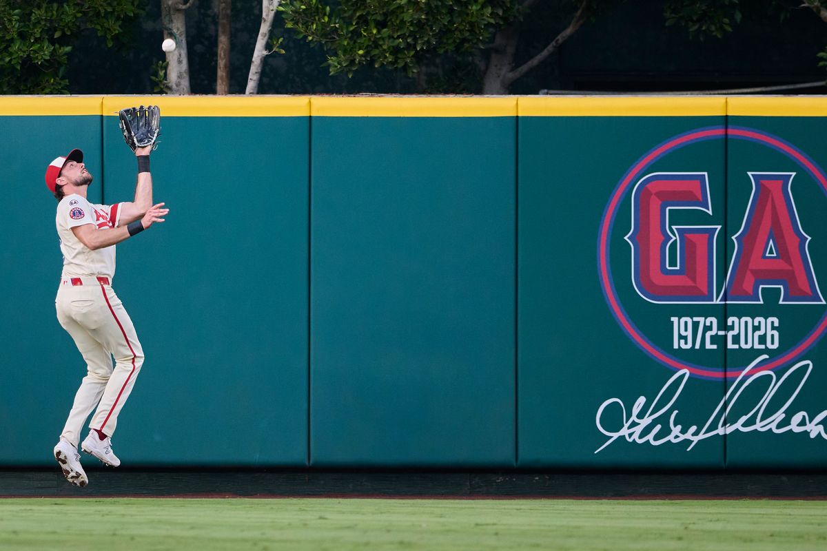 The Los Angeles Angels Josh Lowe #3 catches the ball during an MLB game against The Houston Astros on July 29th, 2026 at Angel Stadium in Anaheim, California. The Los Angeles Angels Josh Lowe #3 catches the ball during an MLB game against The Houston Astros on July 29th, 2026 at Angel Stadium in Anaheim, California.
