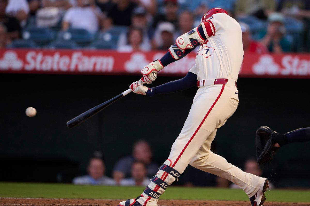 The Los Angeles Angels Jo Adell #7 at bat during an MLB game against The Houston Astros on July 29th, 2026 at Angel Stadium in Anaheim, California. The Los Angeles Angels Jo Adell #7 at bat during an MLB game against The Houston Astros on July 29th, 2026 at Angel Stadium in Anaheim, California.