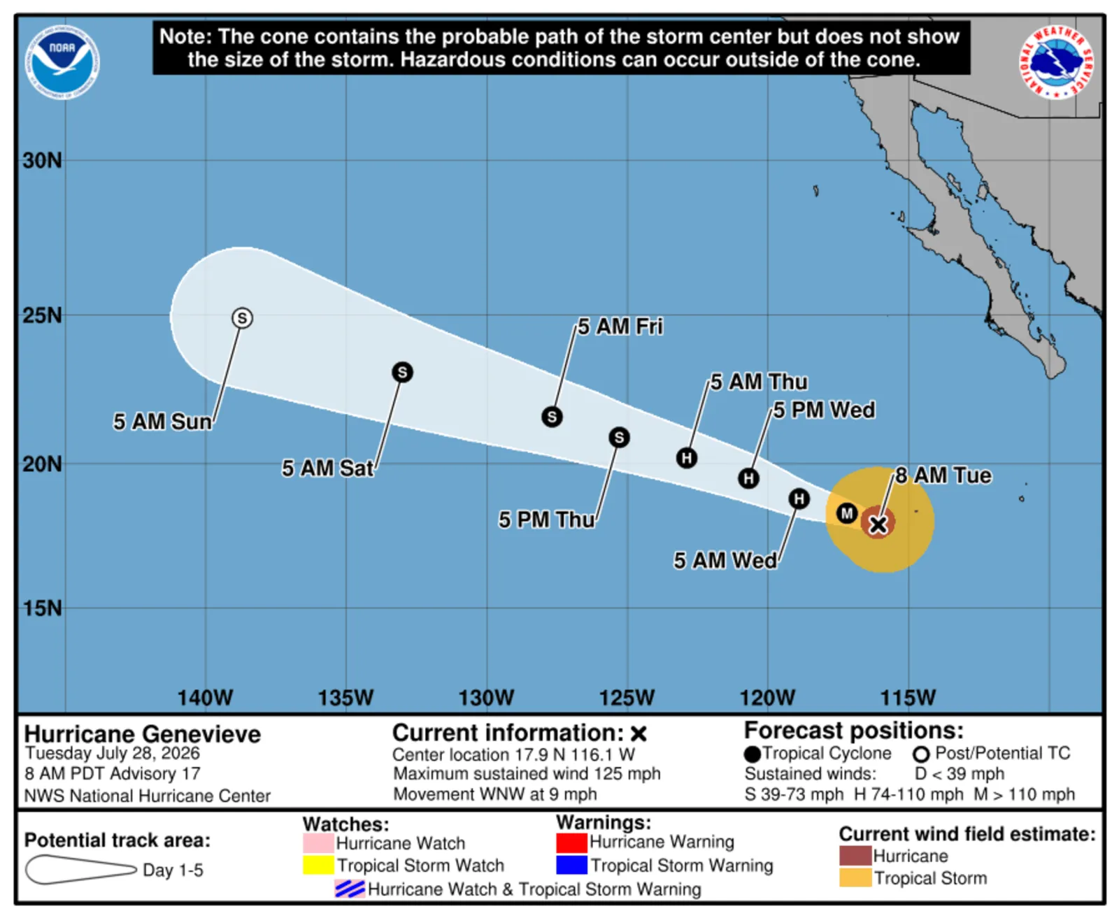 A screenshot shows the National Hurricane Center's forecast for Hurricane Genevieve over the next several days.