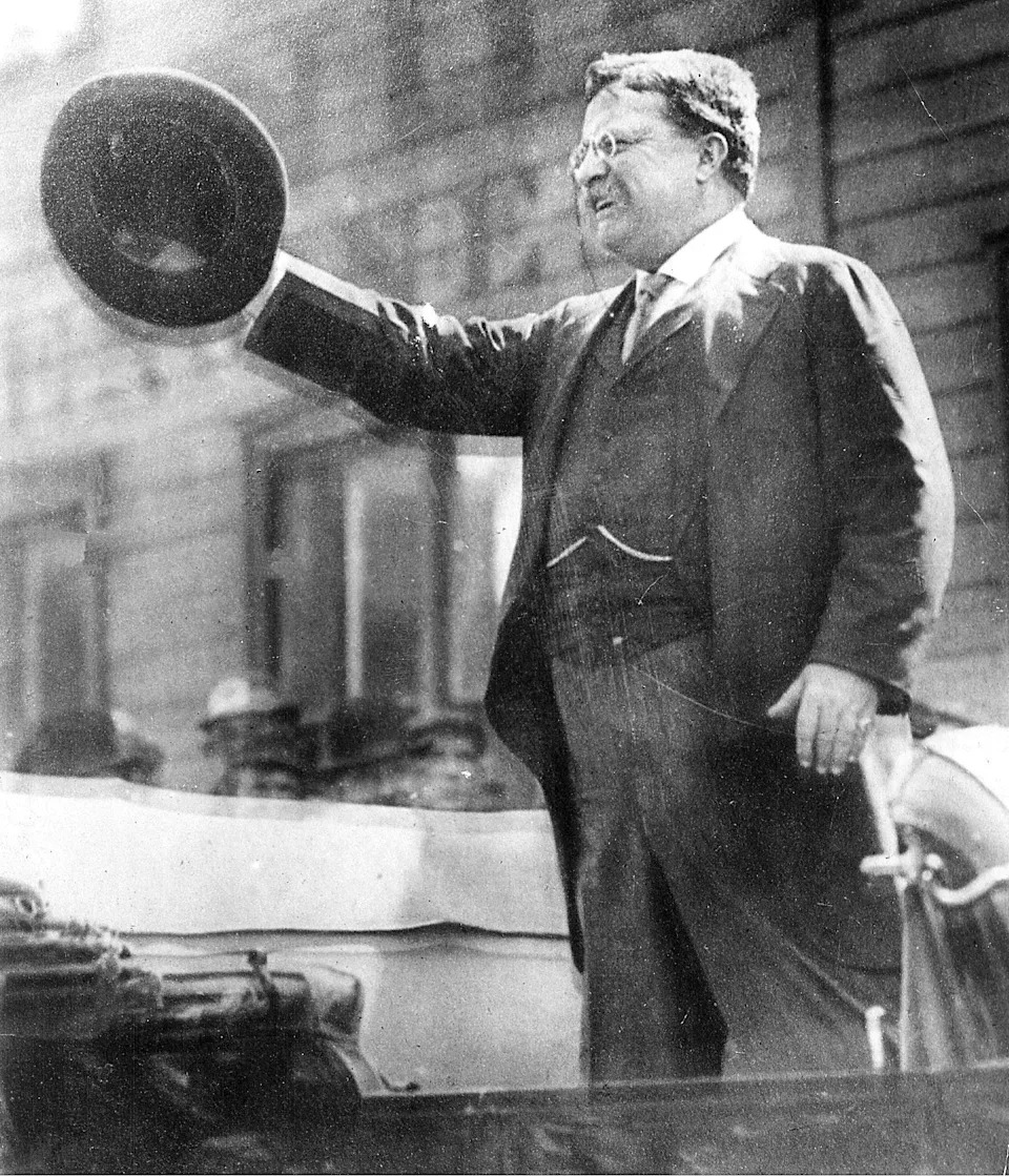 Former President Theodore Roosevelt speaking from a car on Milwaukee's south side on Oct. 14, 1912, shortly before a gunman shot and wounded him in front of the Gilpatrick Hotel.