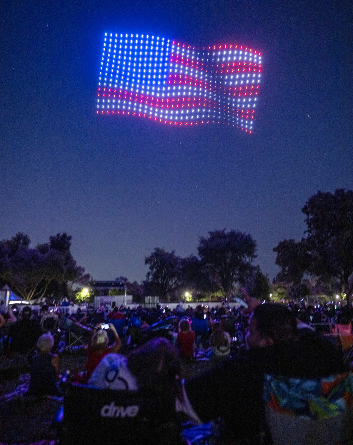 Drones form an American flag in the night sky during a show at the Fourth of July celebration, marking the nation’s 250th birthday, at Hagan Community Park in Rancho Cordova on Friday, July 3.