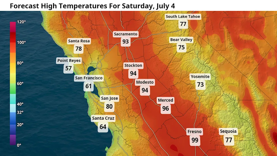 Forecast high temperatures for Saturday, July 4