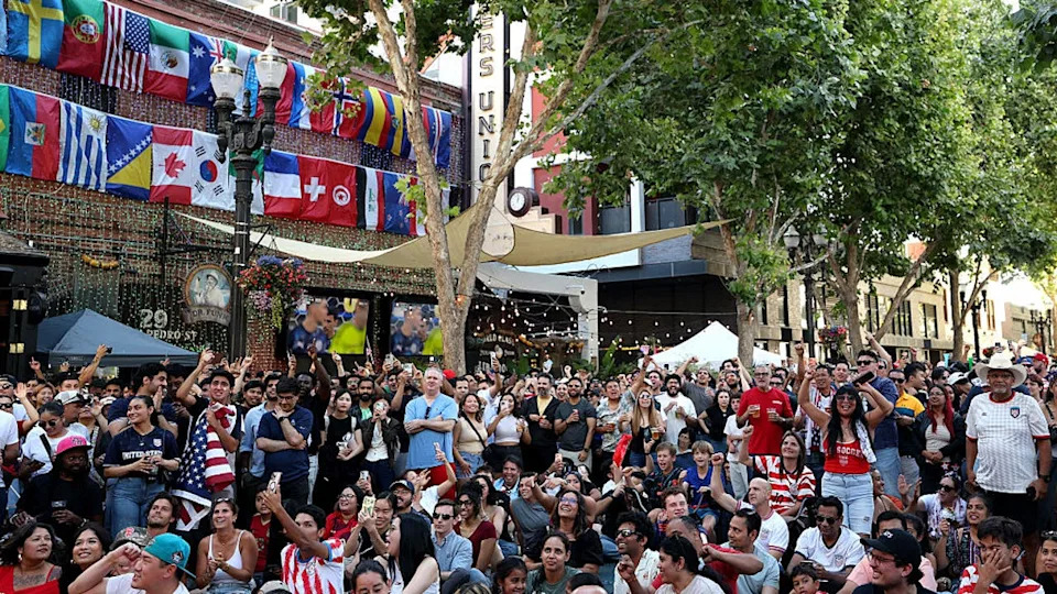 <div>SAN JOSE, CA - JUNE 12: Football fans gather to watch USA and Paraguay at San Pedro Square for a FIFA World Cup watch party on June 12, 2026 in San Jose, California. (Photo by Emilee Chinn/Getty Images)</div>