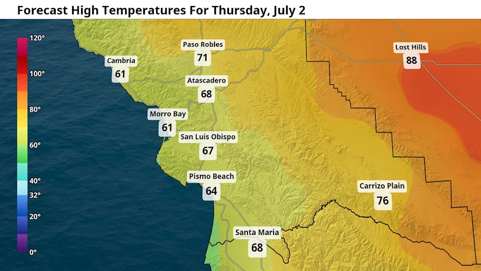 Forecast high temperatures for Thursday, July 2
