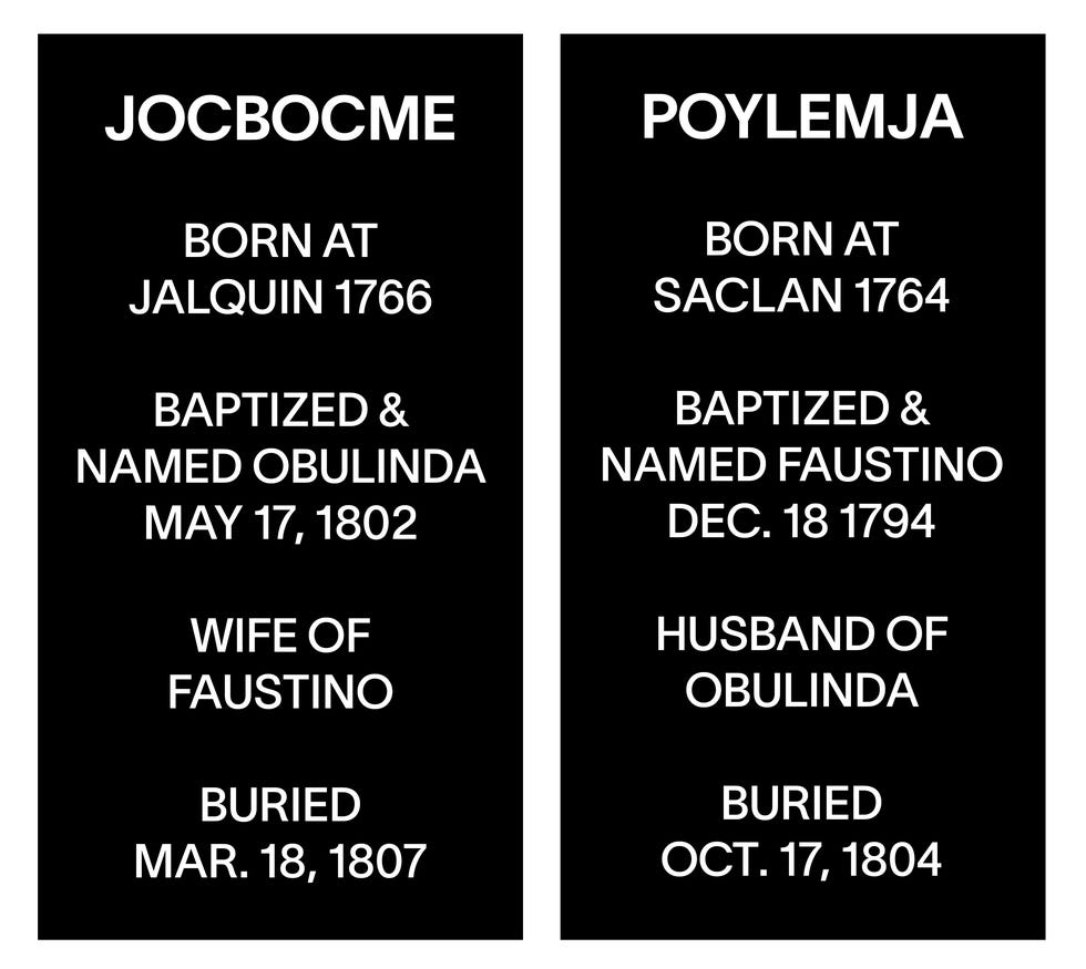 Two memorial plaques detailing the lives and burial information of Jocbocme and Poylemja. Two memorial plaques detailing the lives and burial information of Jocbocme and Poylemja.
