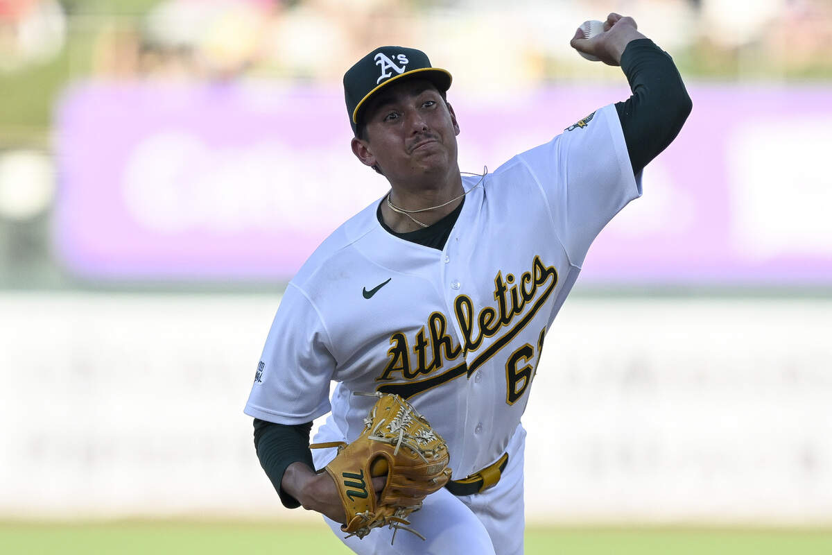 Athletics pitcher Gage Jump pitches against the Washington Nationals at Sutter Health Park in West Sacramento on Friday, July 17, 2026.