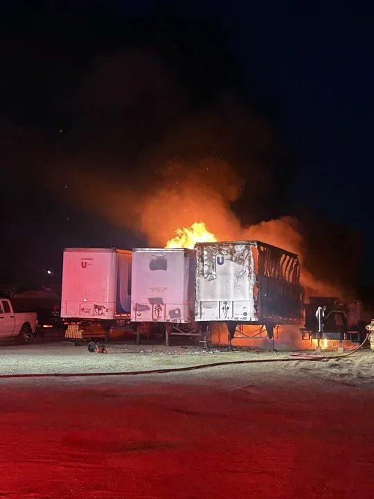 Three semi-trailers in flames on July 2, 2026.