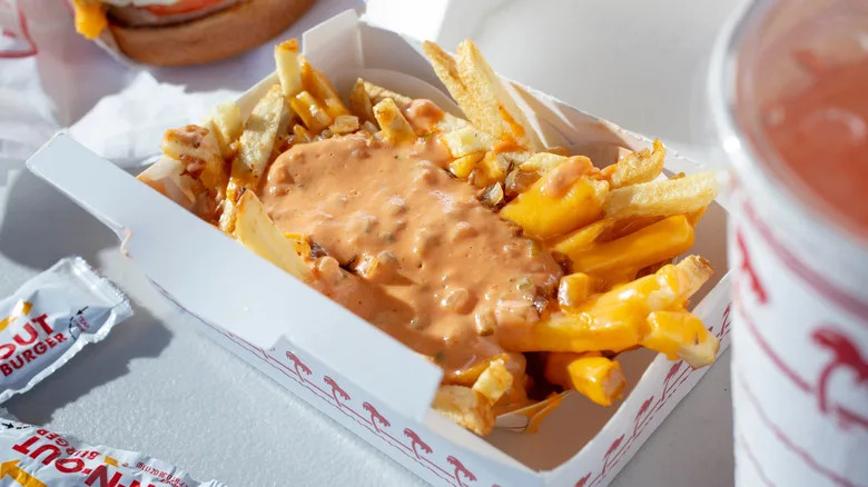 In-N-Out fries, animal style, so smothered in melted cheese, grilled onions, and spread.