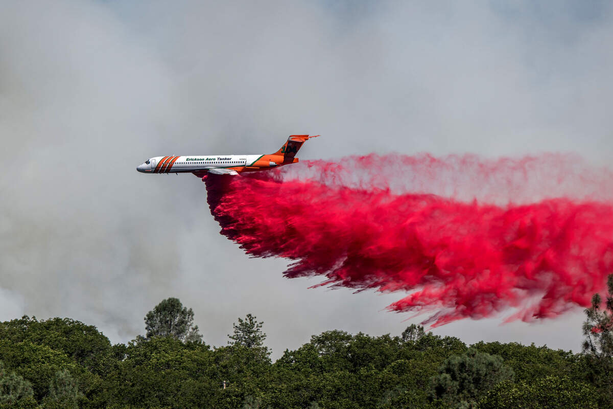 An Erickson Aero Tanker drops retardant on the Park Fire near Cohasset Road east of Chico in 2024.