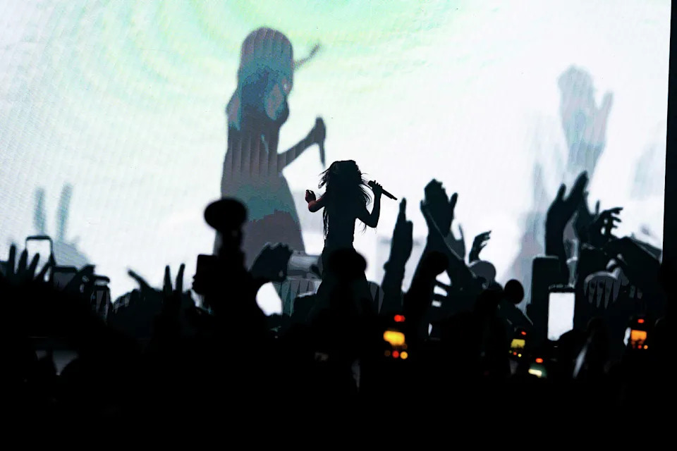 Underscores performs in front of a large video wall at the Regency Ballroom in San Francisco on June 26, 2026. (Theo LaBrusciano-Carris/For SFGATE)