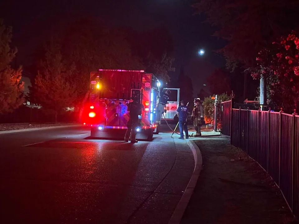 Fresno fire crews at First and Sussex Way on Saturday, July 4, 2026.