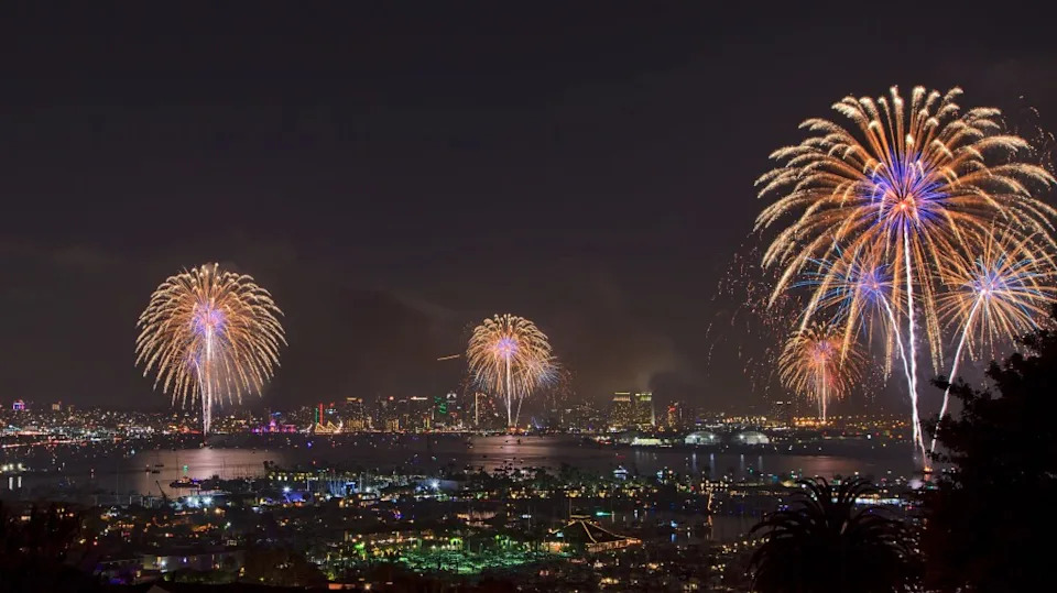 Big Bay Boom Firework show at San Diego Bay for Independence Day celebration. Getty Images