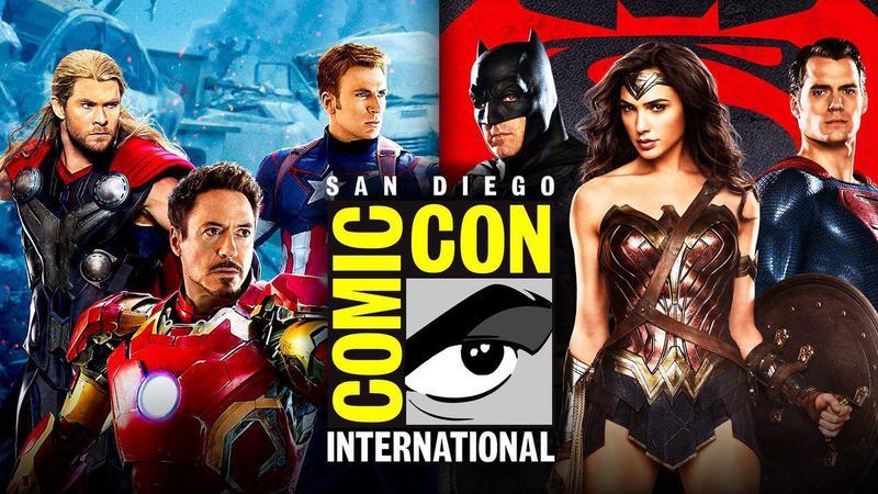 Marvel and DC characters alongside San Diego Comic-Con logo.