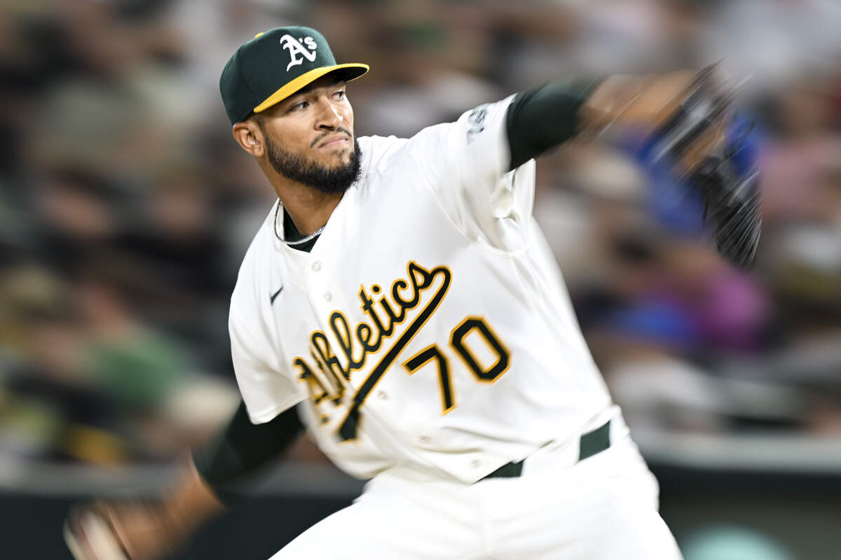 Athletics pitcher Yunior Tur (70) pitches against the Washington Nationals during a game at Sutter Health Park in West Sacramento on Friday, July 17, 2026.