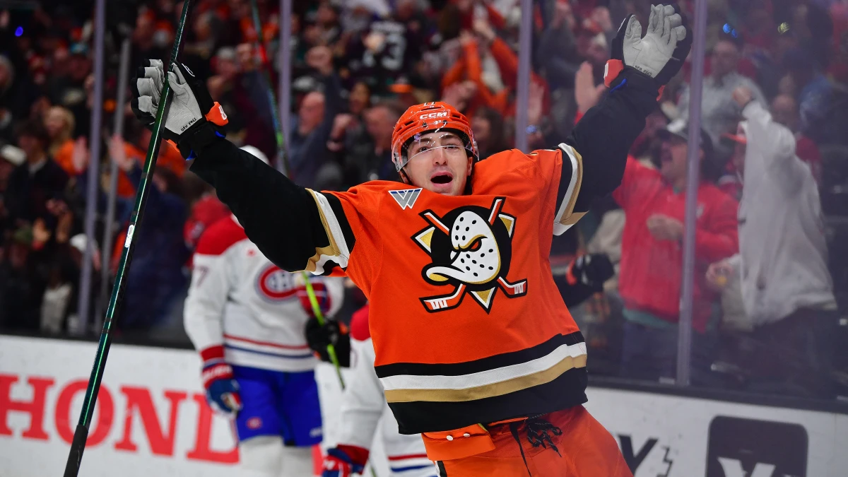 Anaheim Ducks right wing Frank Vatrano (77) celebrates his goal scored against the Montreal Canadiens during the second period at Honda Center.