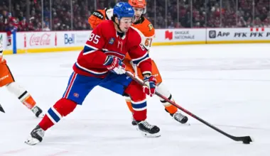 Montreal Canadiens left winger Alexandre Texier (85) battles for the puck against Anaheim Ducks left winger Cutter Gauthier (61) during the first period at the Bell Centre.