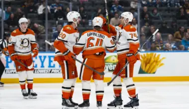 Anaheim Ducks forward Chris Kreider (20) and forward Mikael Granlund (64) and defenseman John Carlson (74) celebrate Granlund