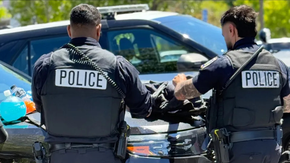 Two police officers standing next to a patrol car.